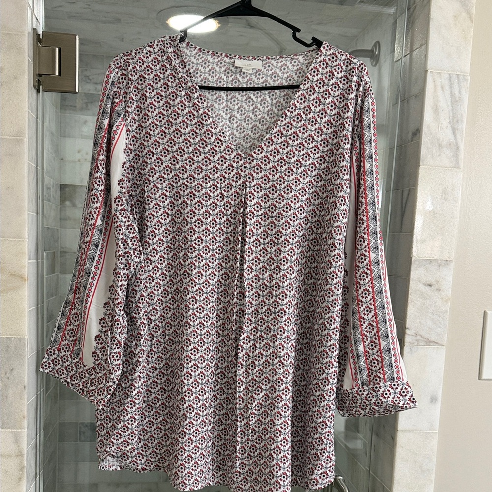 J. Jill Geometric V-Neck Blouse - Red and White